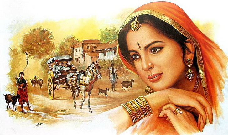 Indian Woman, painting of woman wearing orange headscarf, Art And Creative