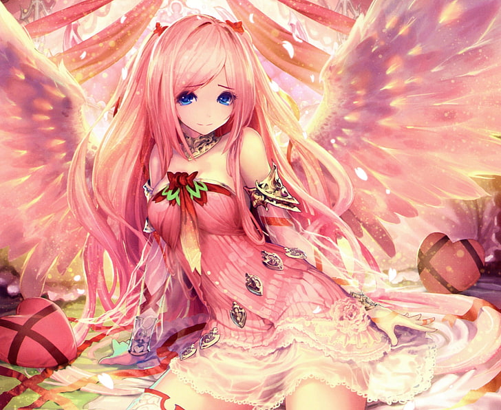 HD wallpaper: pink haired female angel anime, girl, tape, wings, art,  tachikawa mushimaro | Wallpaper Flare