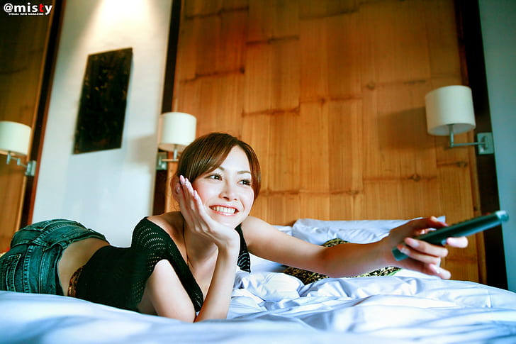 Asian, Anri Sugihara, lying on front, women, brunette, smiling