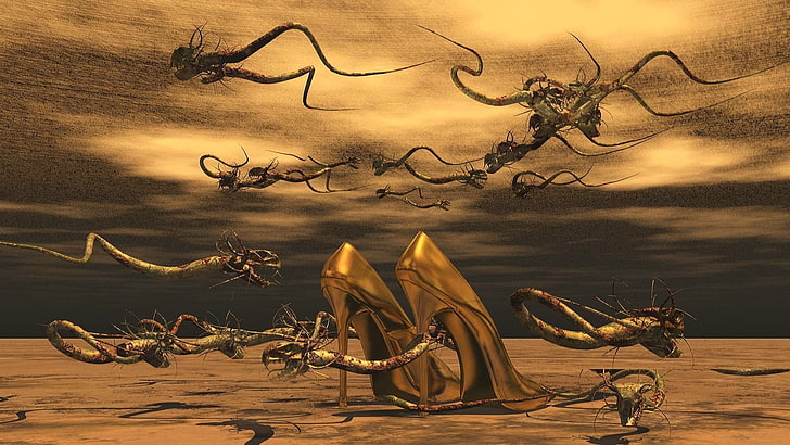 gold-colored stilettos and Monster digital wallpaper, fantasy art