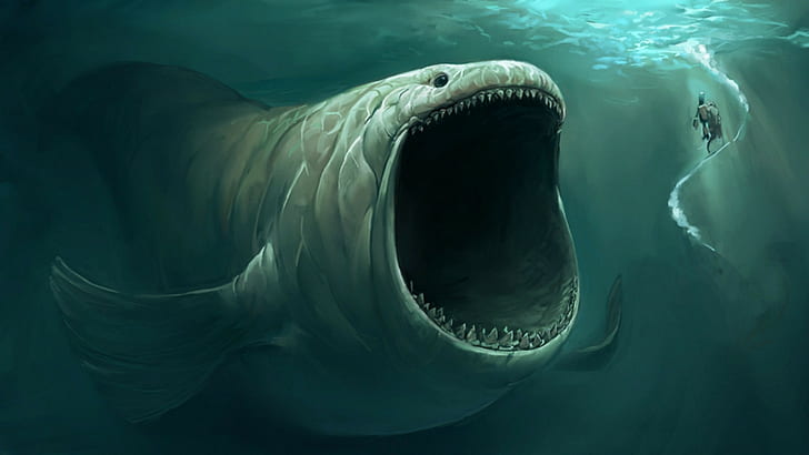 gray fish illustration, fantasy art, sea monsters, artwork, underwater, HD wallpaper