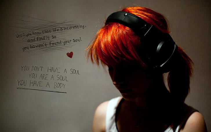 Hayley Williams, Paramore, redhead, headphones, typography