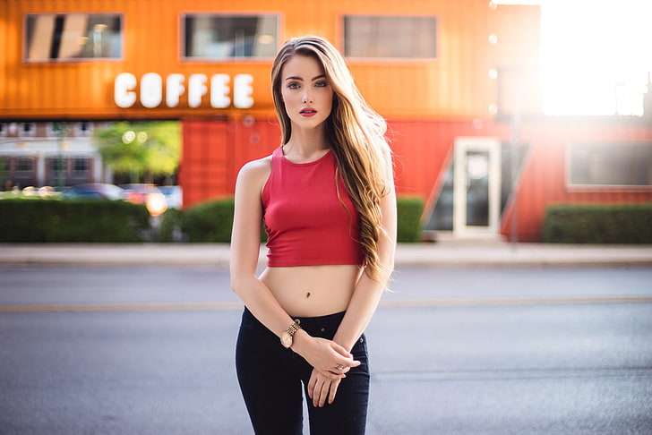 red crop top with black jeans