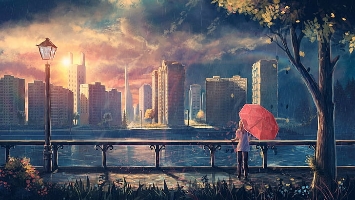 city, dusk, umbrella, artwork, HD wallpaper