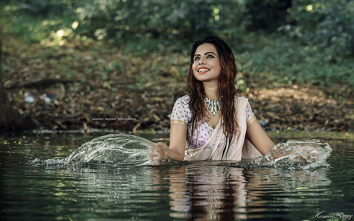 women, model, water, women outdoors, smiling, neckless, Ahamed Hossain Ninjoy, HD wallpaper