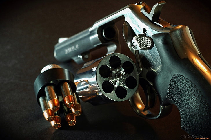 gray and black revolver pistol, cartridges, drum, firearms, gun