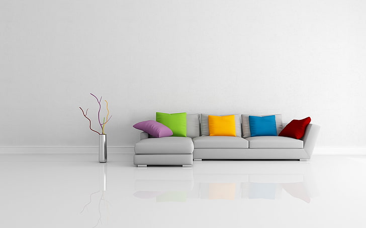 Modern Sofa Colorful Pillows, gray leather sectional couch, Other, HD wallpaper