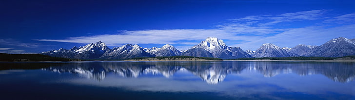 body of water and mountain alps, dual monitors, mountains, reflection