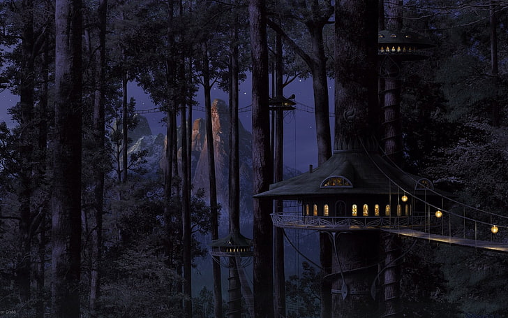 black tree house, trees, bridge, forest, artwork, fantasy art