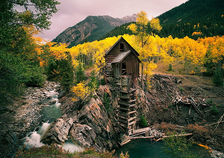 brown wooden house, mill, fall, river, mining, forest, mountains