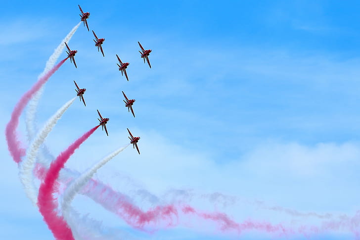nine exhibit planes with pink and white smokes in flight during daytime, HD wallpaper