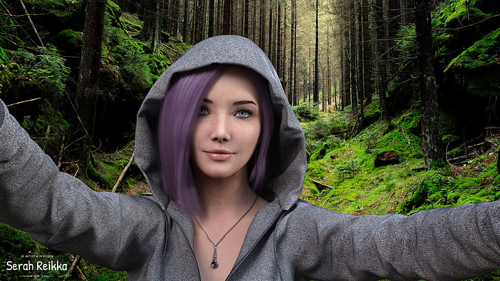 women, hoods, wood, blue eyes, render, CGI, 3d design, selfies