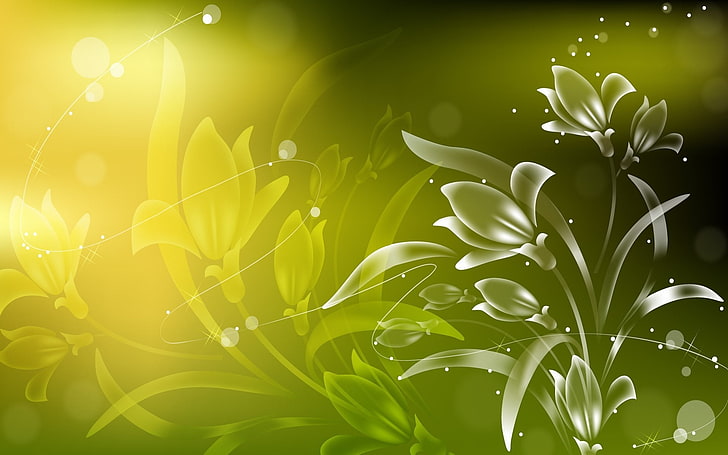 white, yellow, and green floral illustration, digital art, flowers