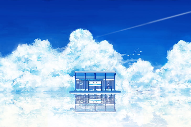 train station, sky, reflection, clouds, anime, artwork, fantasy art