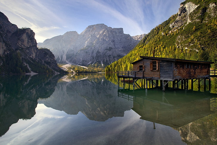 nature, landscape, photography, lake, mountains, water, cabin