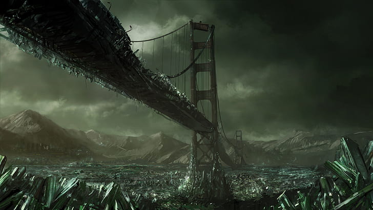 artwork, apocalyptic, gloomy, science fiction, Golden Gate Bridge
