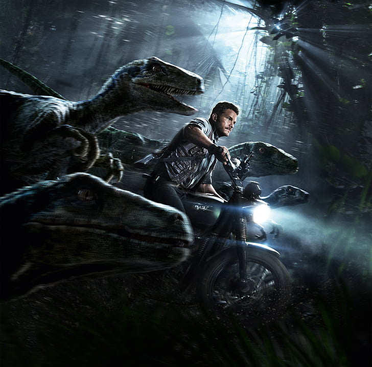 Jurassic World man in motorcycle with raptors wallpaper, Chris Pratt, HD wallpaper