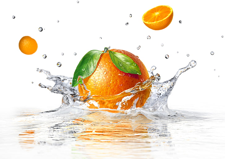 orange fruit, water, squirt, white background, sprays, splashing