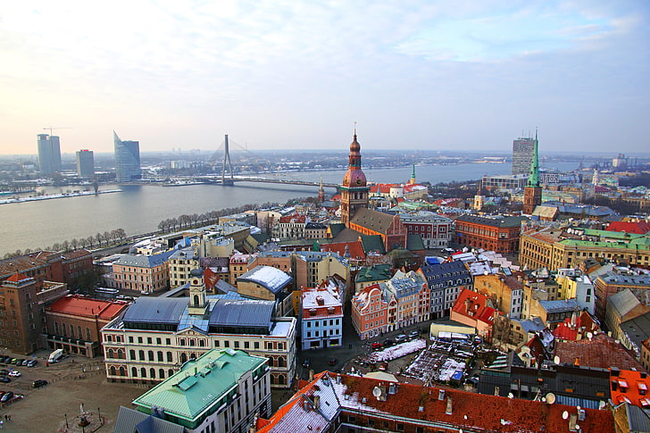 winter, bridge, river, home, Riga, Latvia, HD wallpaper