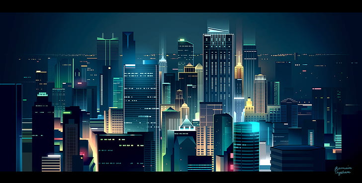 City Lights, Cityscape, Colorful, digital art, Romain Trystam, HD wallpaper