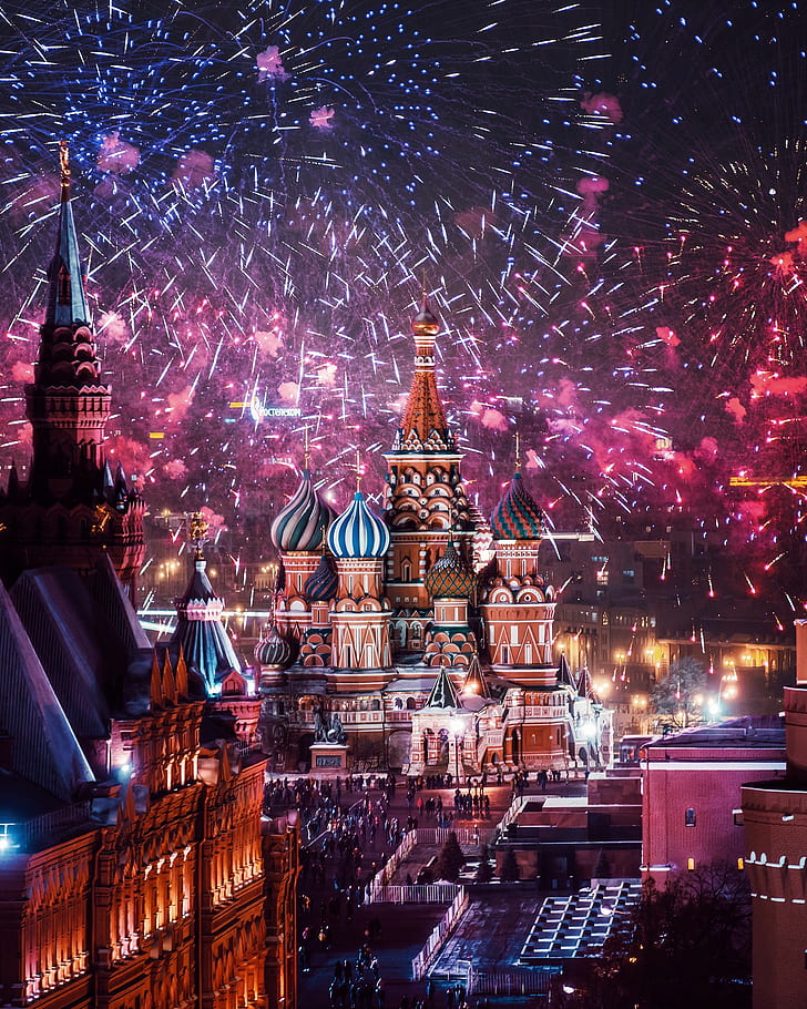 architecture, building, cityscape, night, Moscow, fireworks
