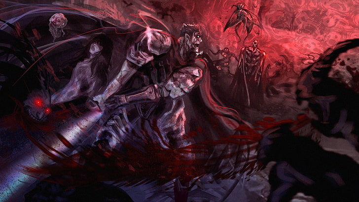 Berserk anime wallpaper, Black Swordsman, Guts, red, abstract