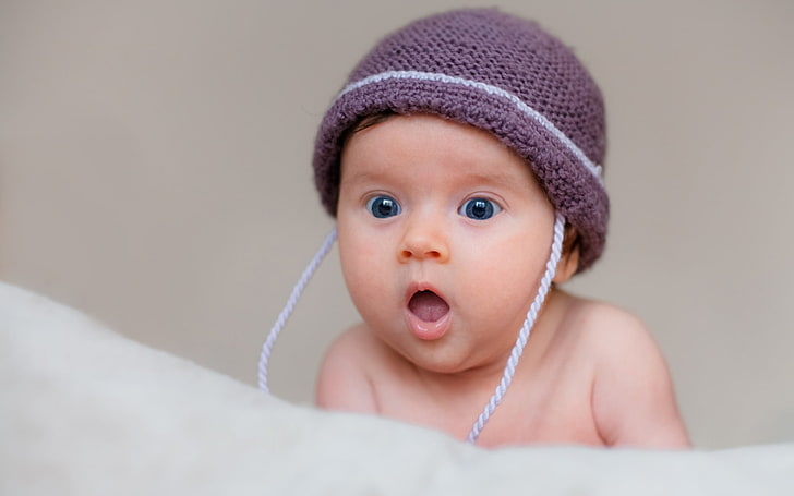 Cute Boy Says Wow, baby's purple knitted cap, child, childhood, HD wallpaper