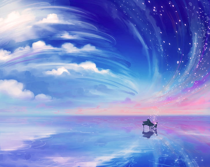 piano, clouds, digital art, fantasy art, sky, Shigatsu wa Kimi no Uso, HD wallpaper