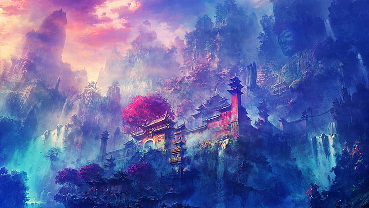 painting of mountainside temple, Buddhism, monastery, zen, shrine, HD wallpaper