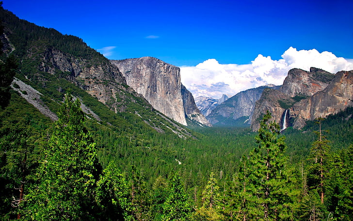 brown mountain ranges, forest, mountains, nature, waterfall, Yosemite NP