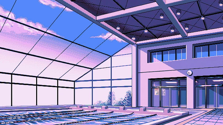 swimming pool illustration, pixel art, window, architecture, built structure
