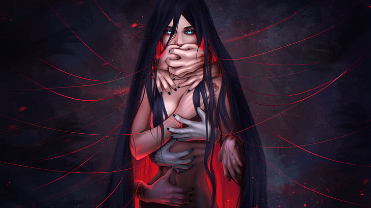 long hair, sadness, blue eyes, psychedelic, hands, nightmare, HD wallpaper