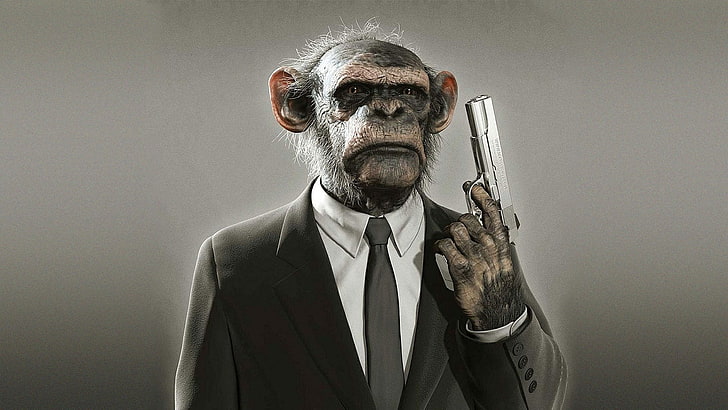monkey, gun, artwork, tie, suits, one animal, indoors, portrait