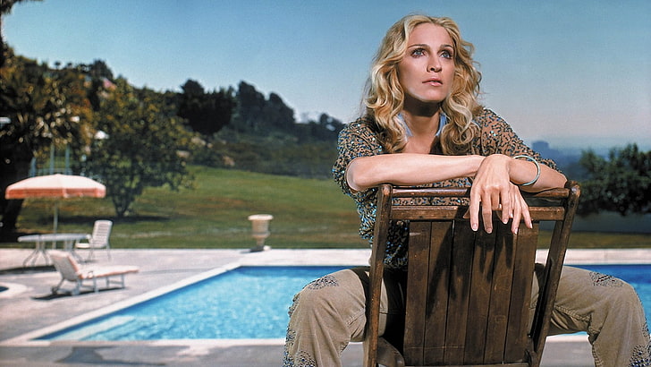 women's multicolored button-up shirt, madonna, pool, chair, sky
