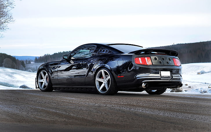 Hd Wallpaper Black Ford Mustang Gt Coupe Road Snow Back Exhaust Pipe Car Wallpaper Flare