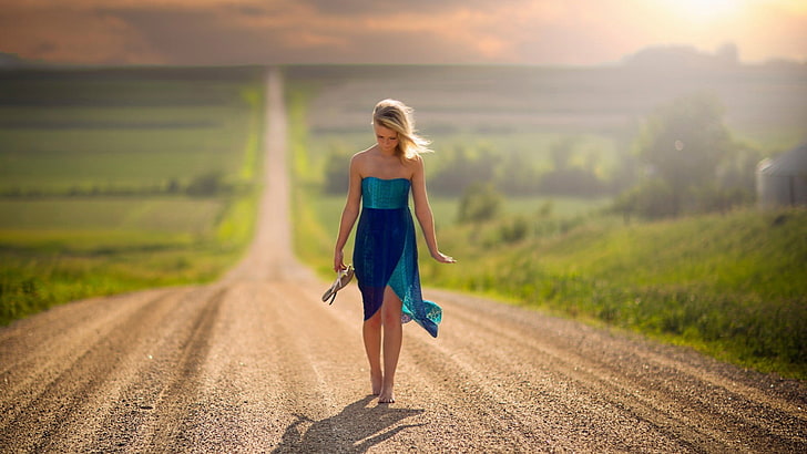 blue tube wrapped dress, women, blonde, road, nature, landscape