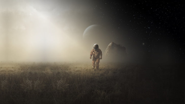 man wearing brown suit digital wallpaper, science fiction, astronaut, HD wallpaper