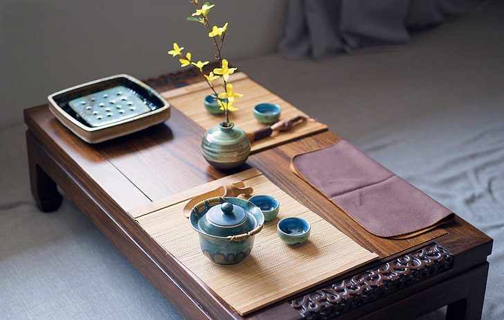 brown and black wooden table, meditation, China, Chinese, tea