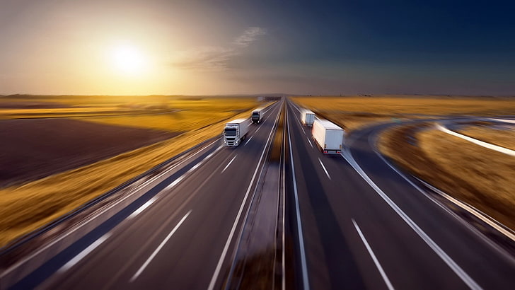 brown and black wooden table, trucks, road, motion blur, blurred motion, HD wallpaper