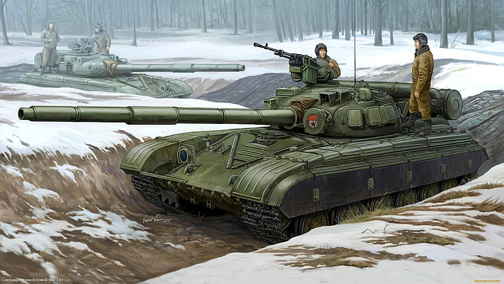 green battle tank illustration, Russia, military, winter, snow