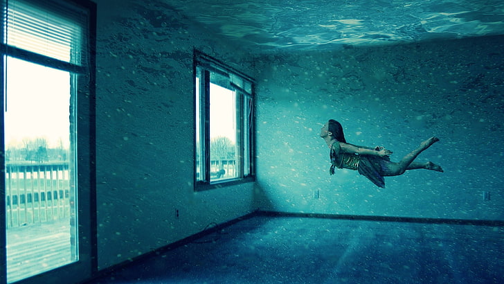 woman floating in front of a window photo, house, swimming, water