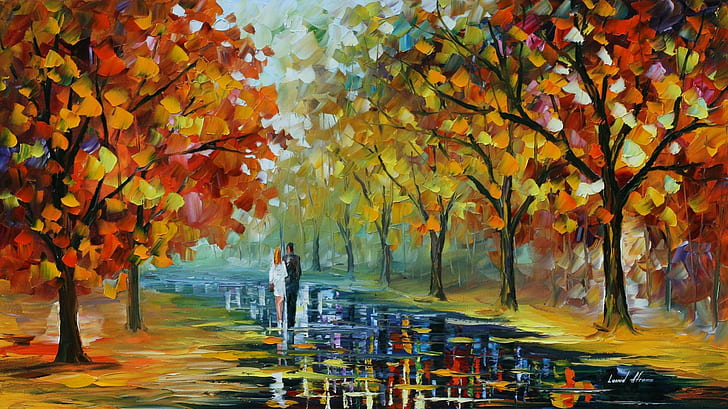fall, trees, couple, painting, path, park, Leonid Afremov, HD wallpaper
