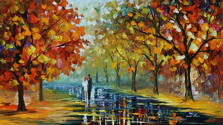 trees painting, Loneliness of Autumn painting, Leonid Afremov, HD wallpaper