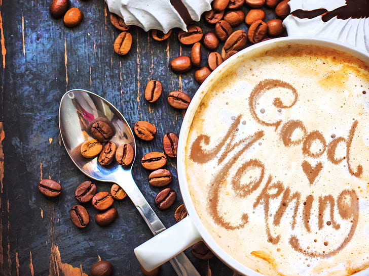 Coffee beans, cup, good morning, HD wallpaper