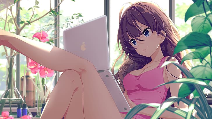 HD wallpaper: anime girls, , Ichinose Shiki, legs crossed, laptop, tank top  | Wallpaper Flare