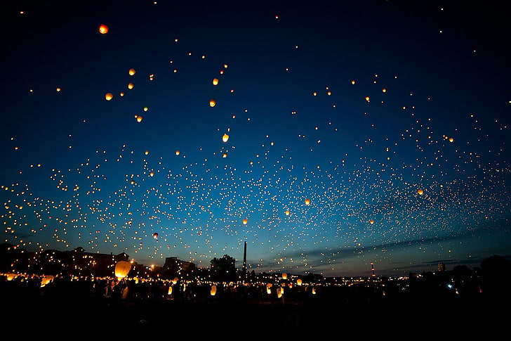yellow sky lanterns, floating, night, glowing, evening, crowd, HD wallpaper
