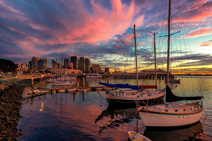 two white motor boats, san diego, united states, pier, sunset