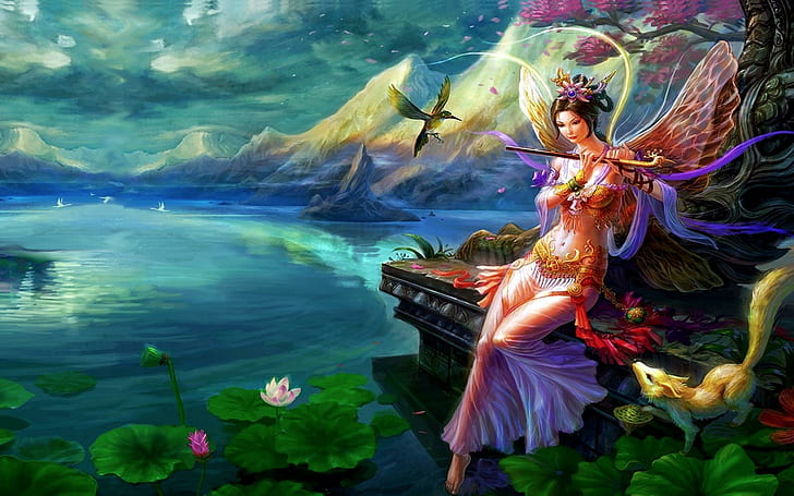 Moment Of Zen, fairy playing flute wallpaper, angel, bird, pond, HD wallpaper