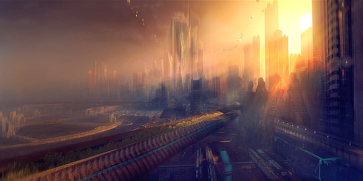 high-rise and low-rise buildings painting, futuristic city, science fiction