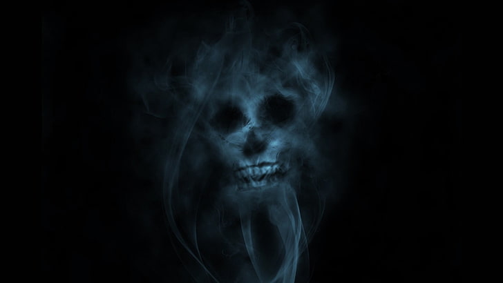 ghost skull wallpaper, smoke, cyan, black background, human body part